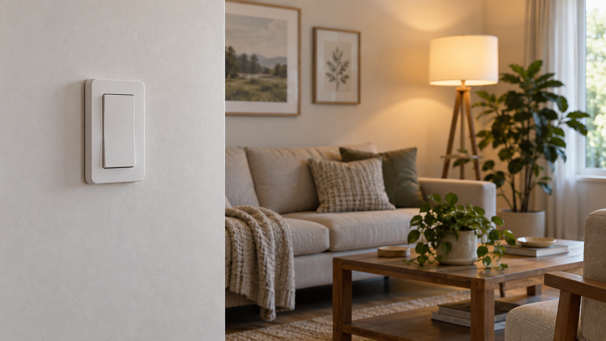 Unbranded wireless wall light switch paired with a glowing smart bulb in a neutral interior