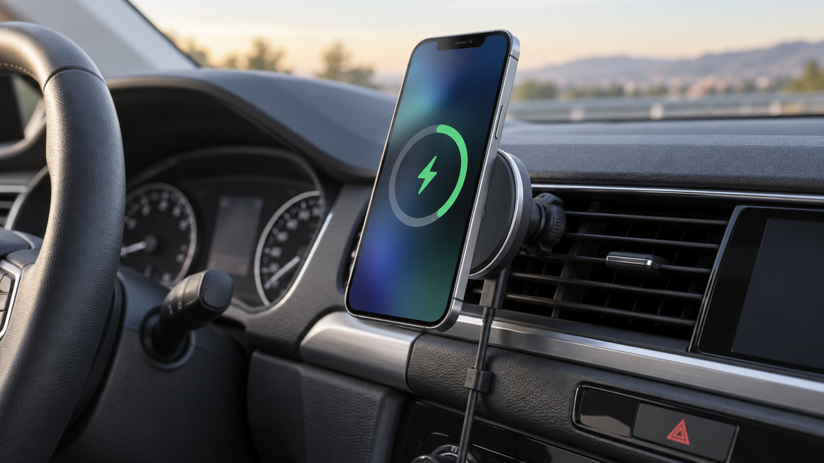 Wireless magnetic car charger mounted on a vehicle air vent with a phone aligned