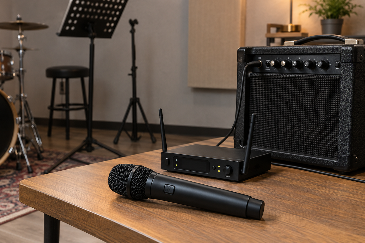 Unbranded wireless microphone and receiver connected to a compact amplifier