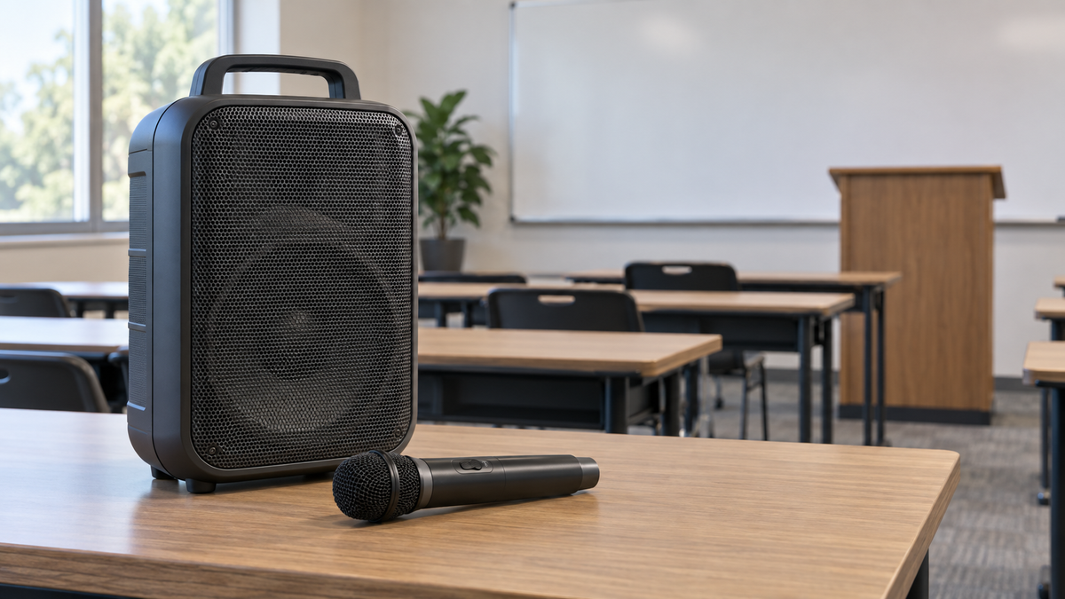 Wireless microphone with portable speaker in an empty classroom