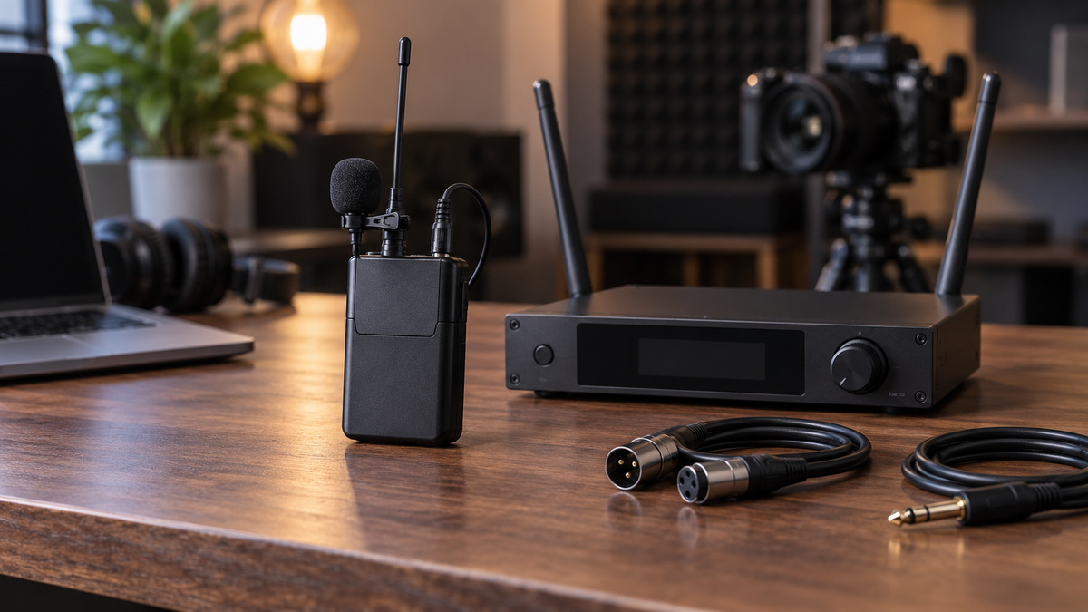 Unbranded wireless microphone transmitter beside a receiver and audio cables