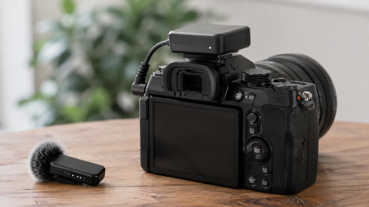 Wireless microphone receiver mounted on a mirrorless camera