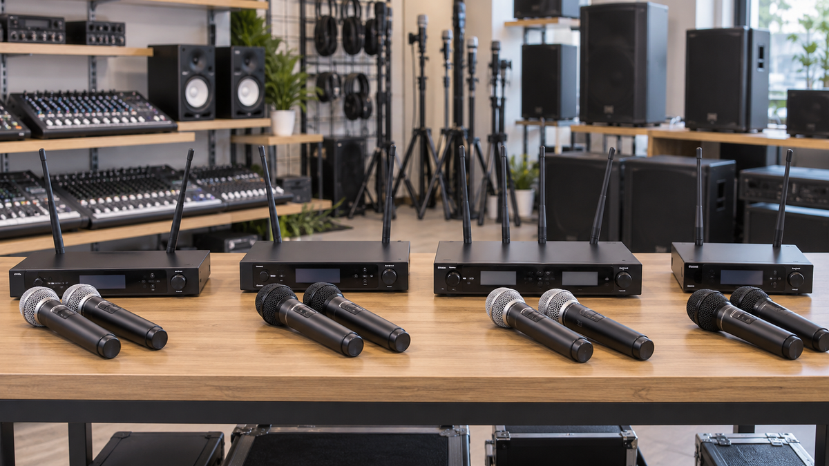 Wireless microphones and receivers displayed for local equipment comparison