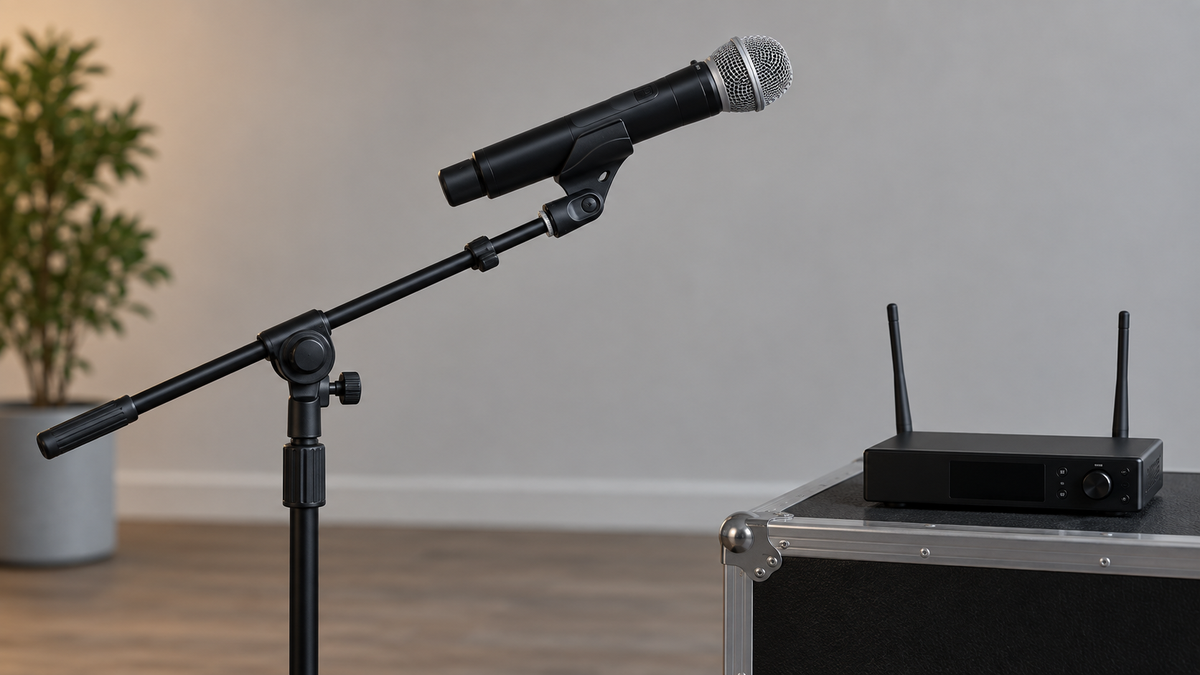 Wireless handheld microphone secured on an adjustable stand