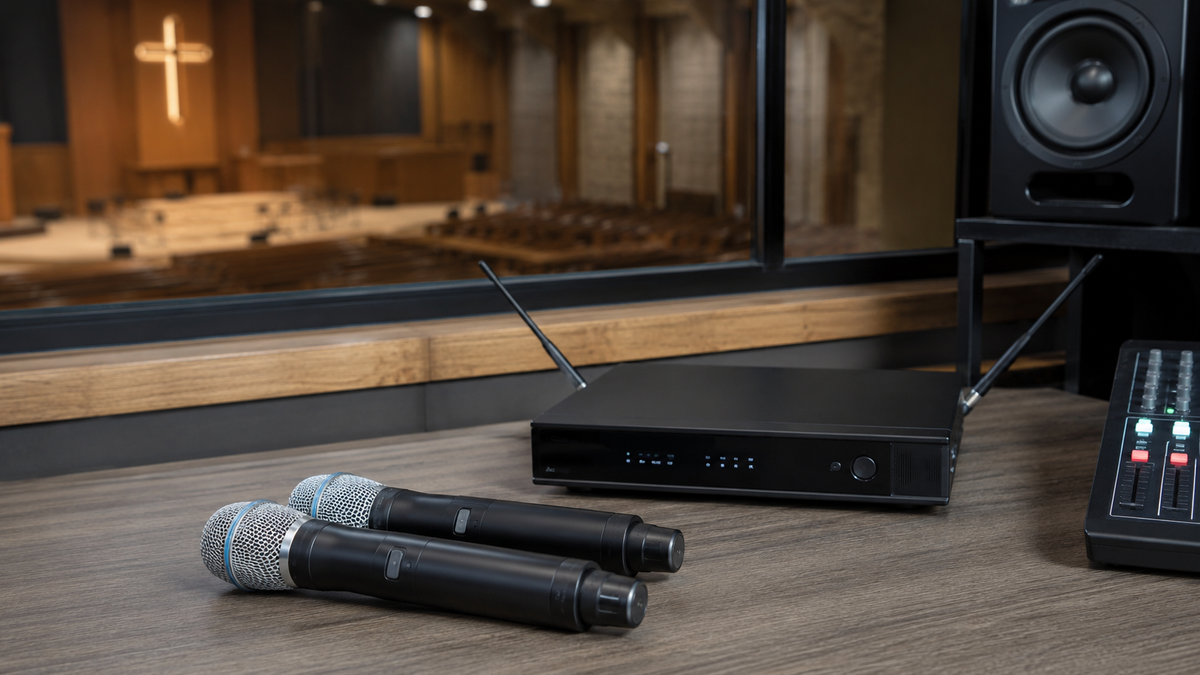 Wireless microphone system arranged in a church audio booth