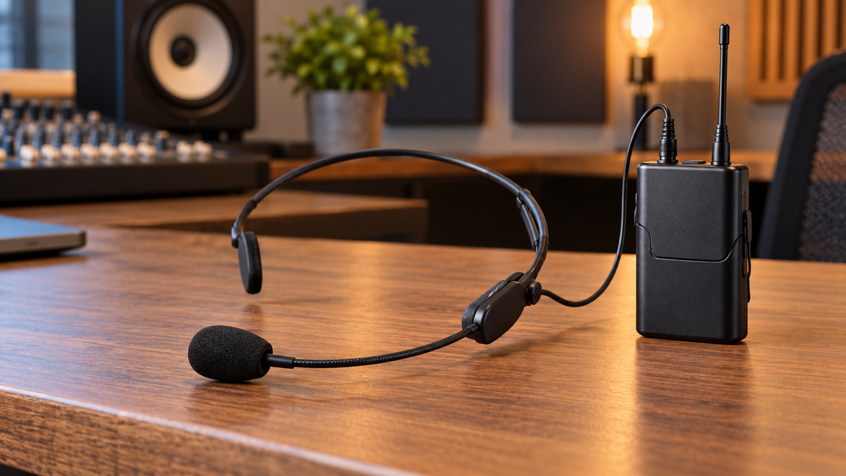 Unbranded wireless mouth microphone headset with adjustable boom and bodypack transmitter