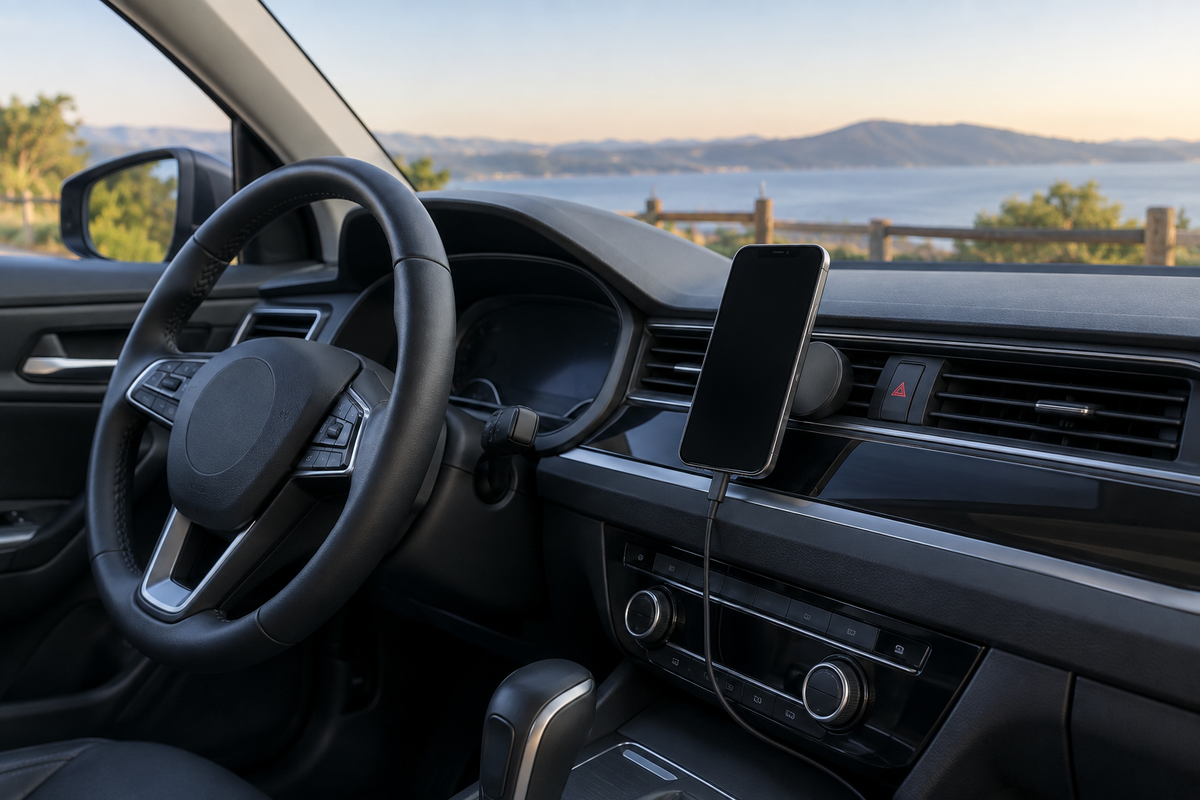 Unbranded magnetic wireless phone charger holding a blank-screen phone in a parked car