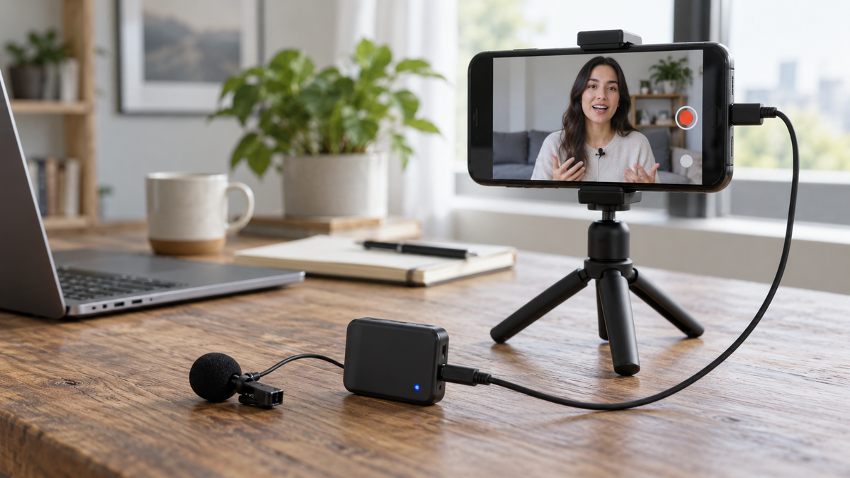 Unbranded wireless phone microphone transmitter and receiver beside a generic smartphone