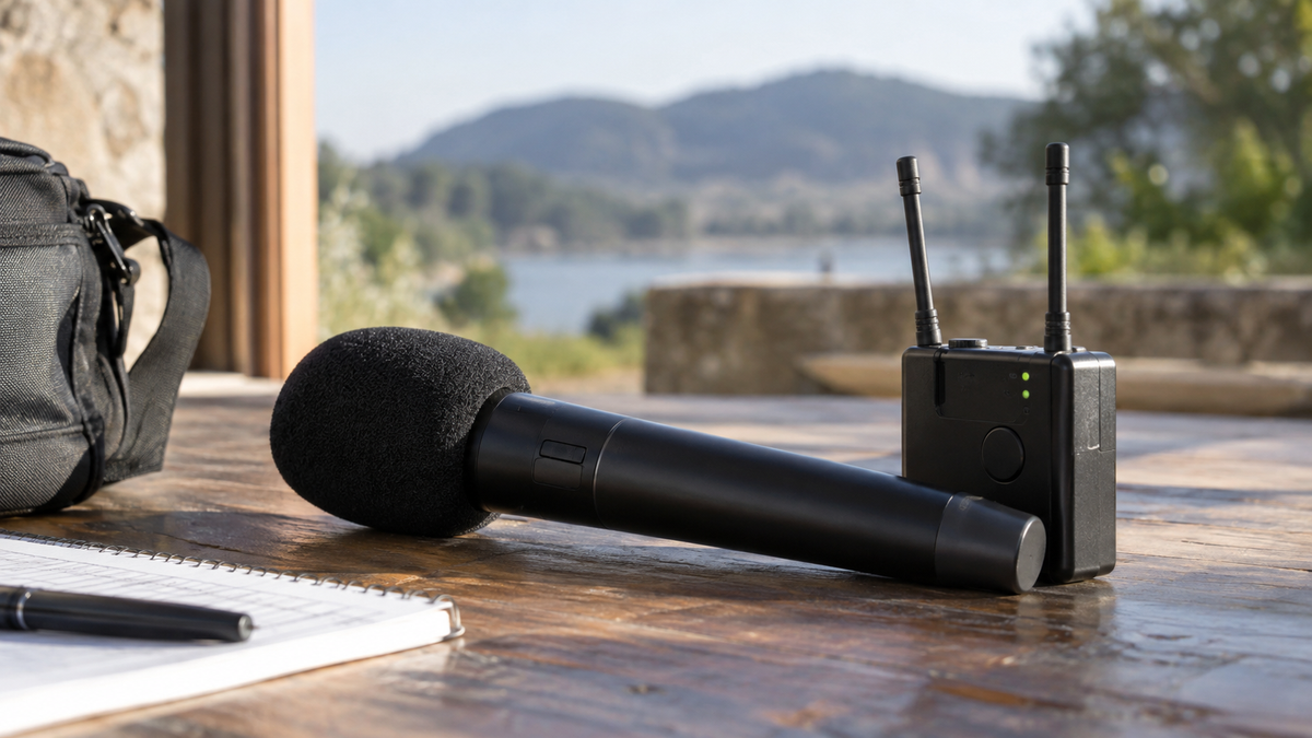 Unbranded handheld wireless interview microphone and compact receiver on a desk