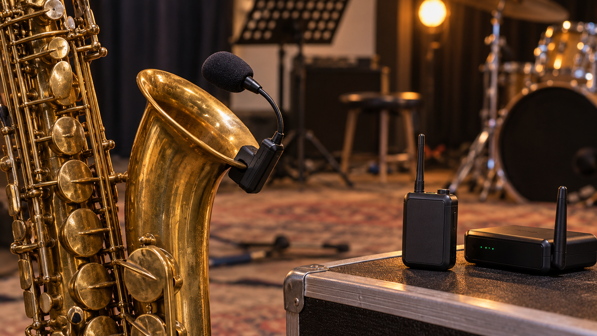 Wireless clip-on microphone attached to a saxophone beside its receiver