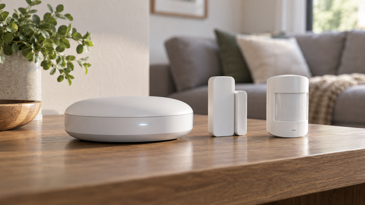 Unbranded wireless home alarm hub and door sensors on a simple table
