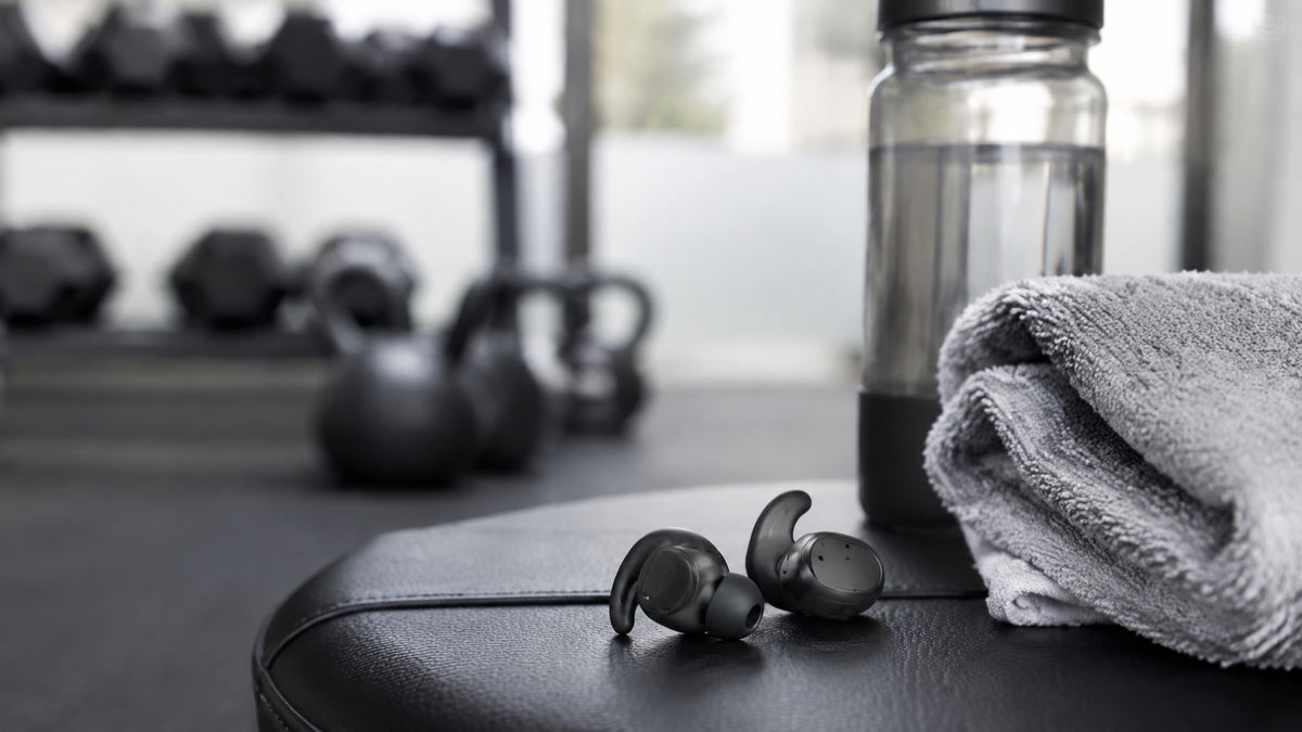 Unbranded wireless sport earbuds beside fitness accessories