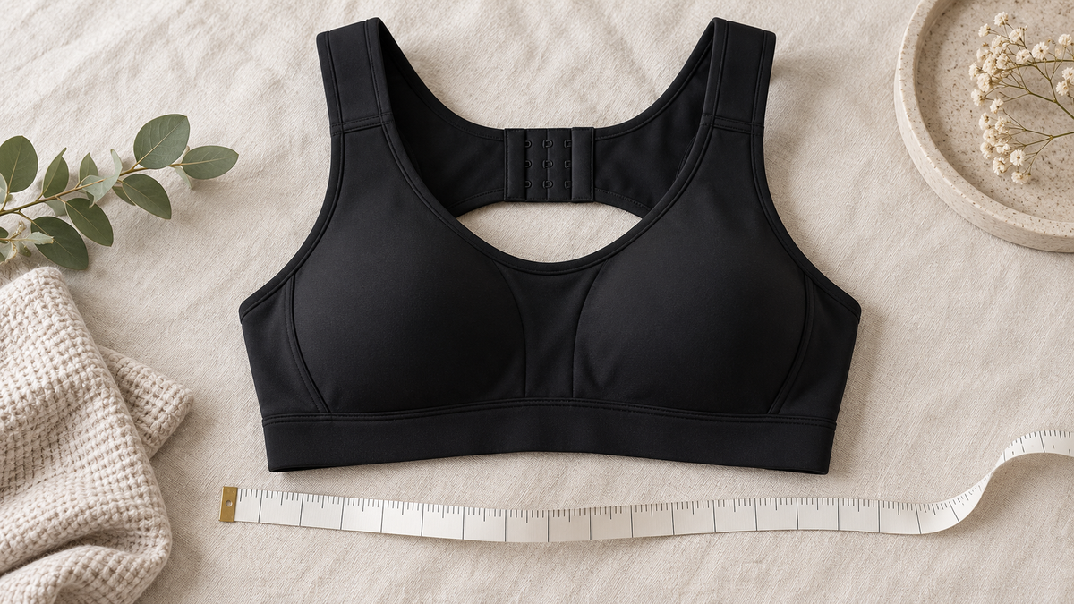 Black wireless sports bra with fixed straps and a rear hook closure