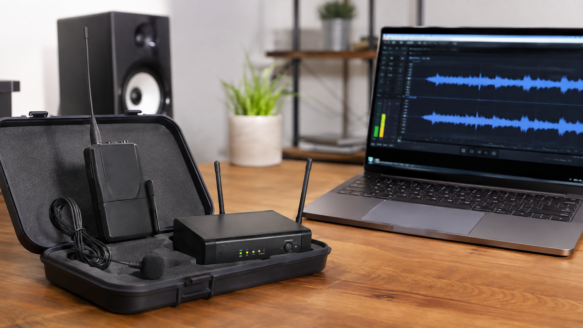 Wireless USB microphone system beside a laptop