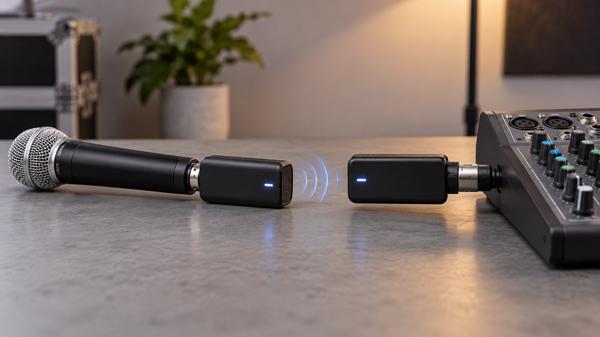 Unbranded wireless XLR transmitter and receiver connected to a microphone and compact audio mixer