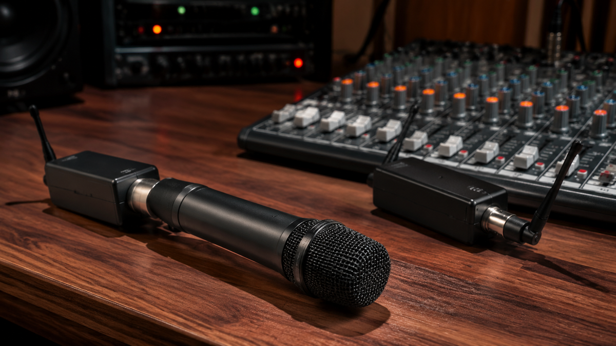 Unbranded wireless XLR adapters connected to a microphone and mixer
