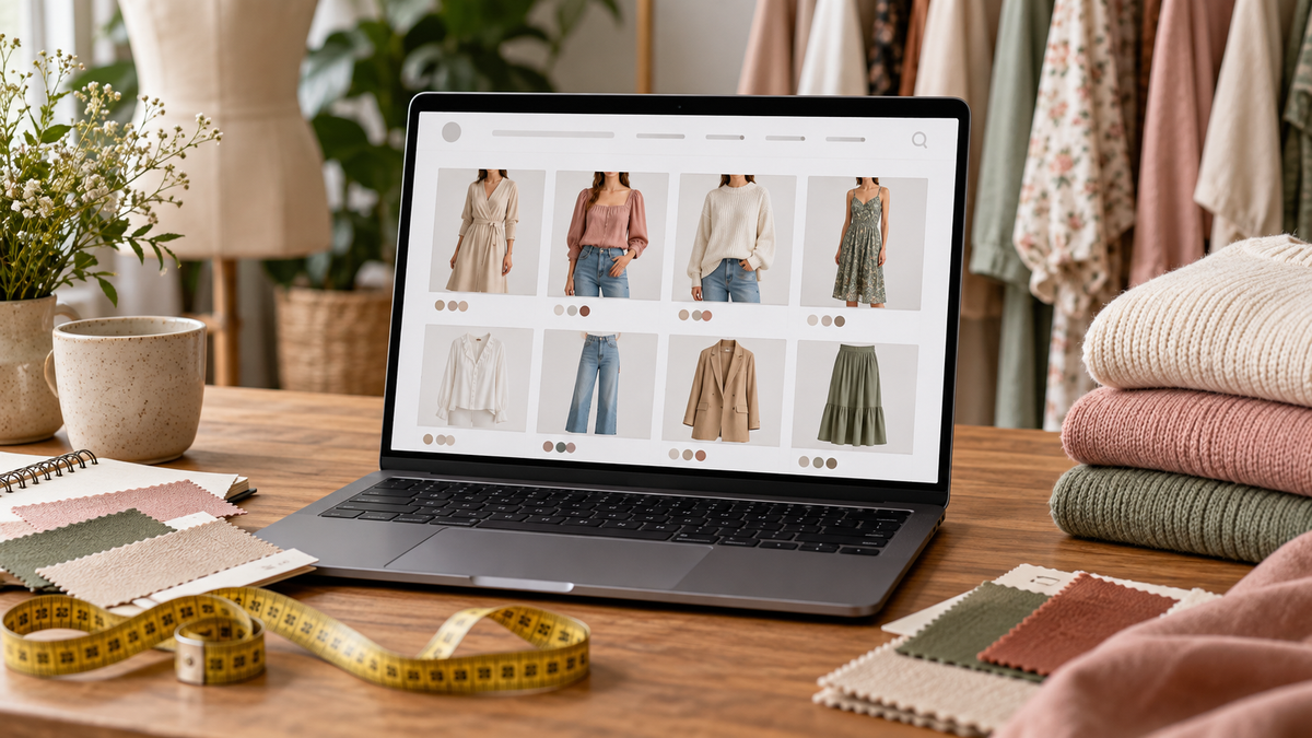 Laptop with a generic women's clothing store beside fabric and measuring tools