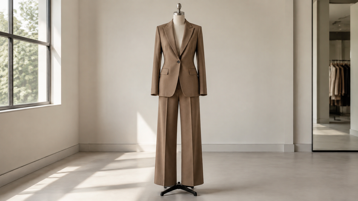 Tailored women's trouser suit displayed on a dress form