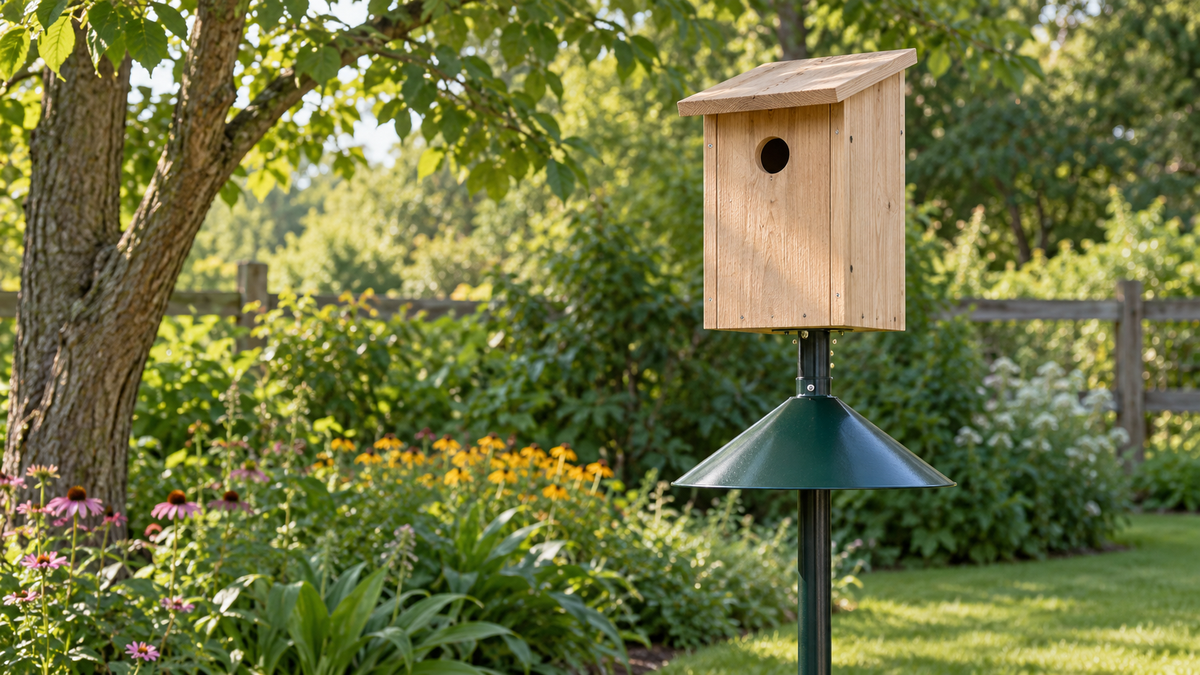Untreated wooden birdhouse mounted above a predator baffle in a garden