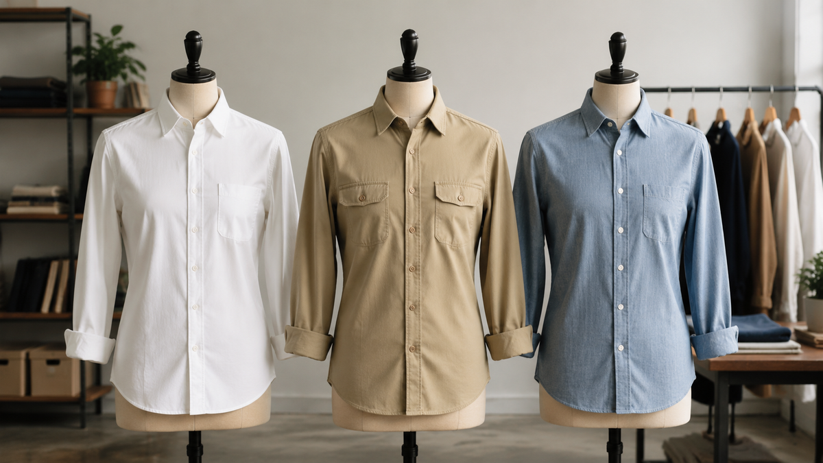 Three practical work shirts in poplin twill and chambray on dress forms