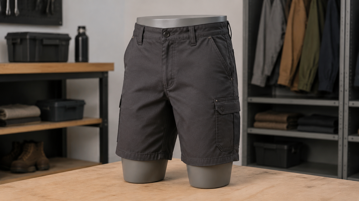 Durable work shorts with reinforced pockets on a display form