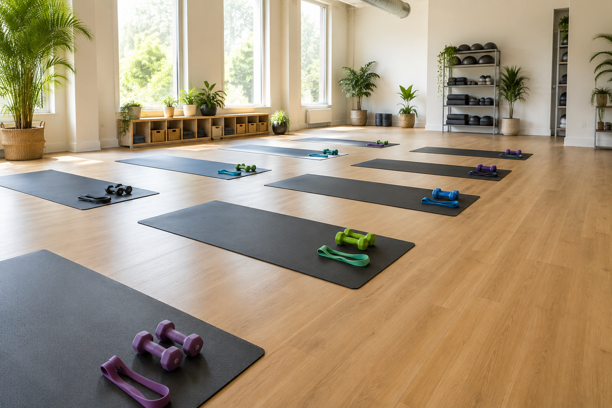 Bright generic fitness studio prepared with mats dumbbells and resistance bands