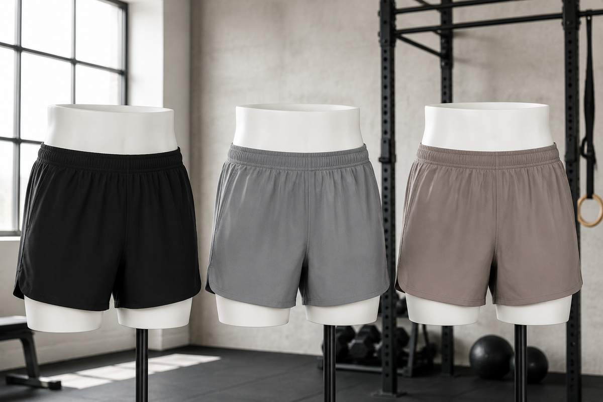 Workout shorts in three neutral colors on athletic display forms