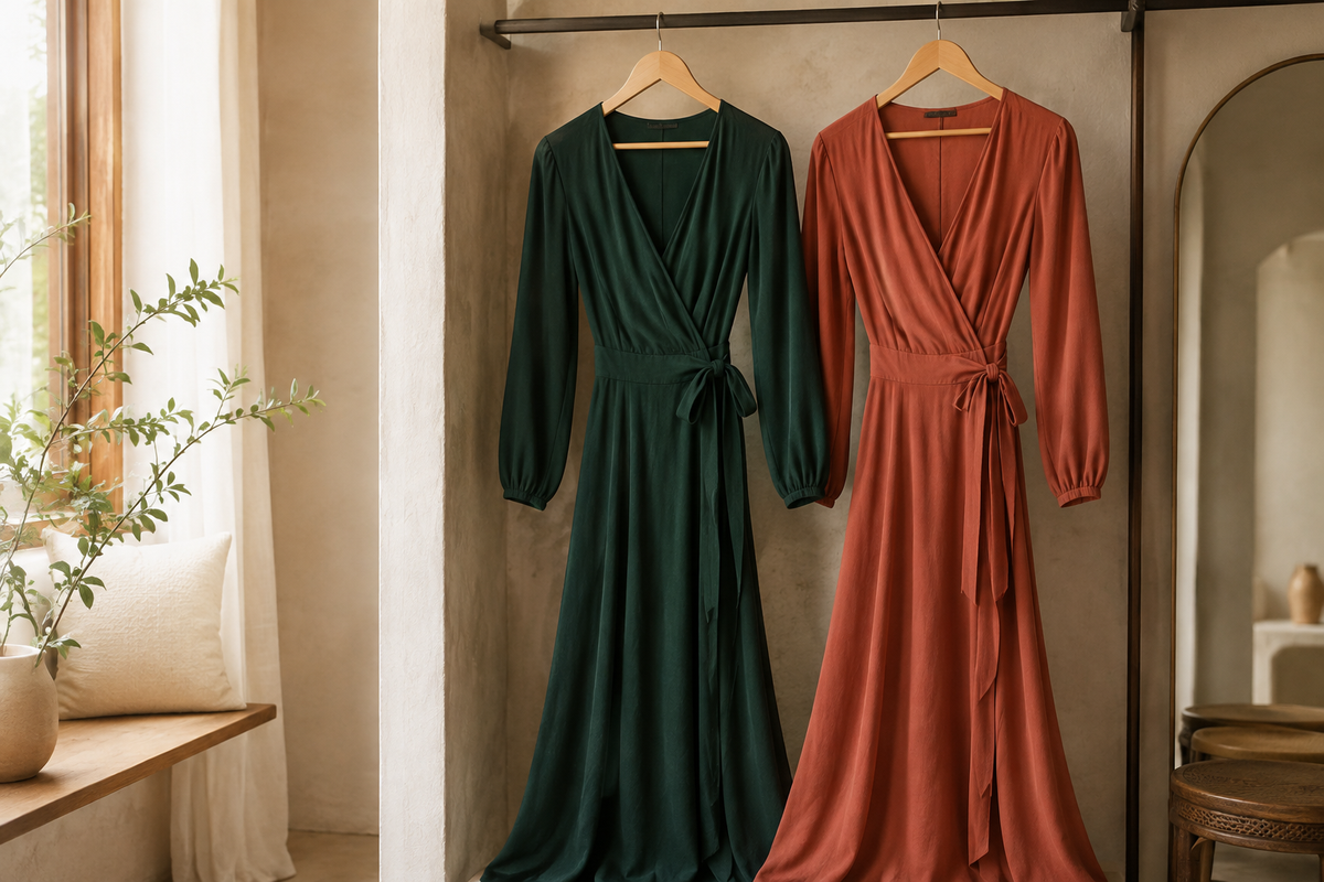 Green and terracotta wrap dresses displayed in a refined dressing room