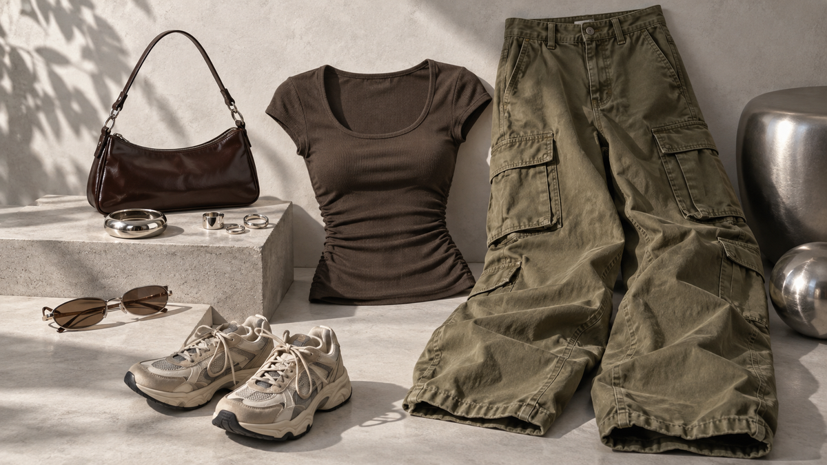 Curated early-2000s-inspired outfit with cargo pants and metallic accessories