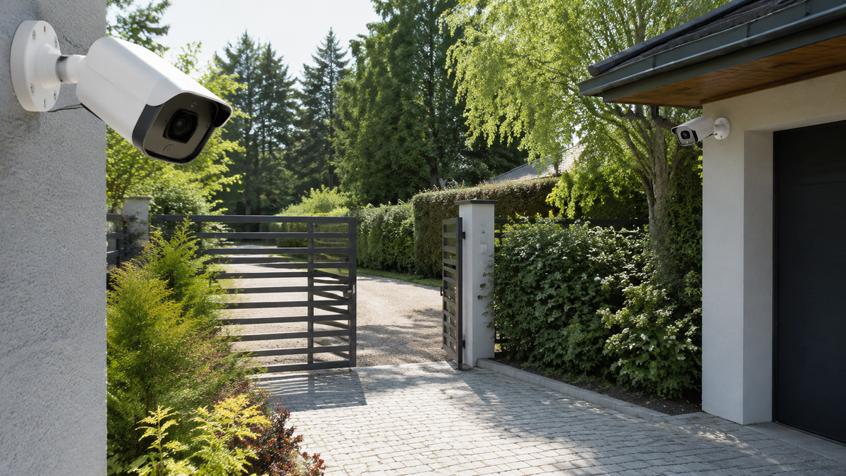 Generic yard security cameras covering a gate garden and driveway