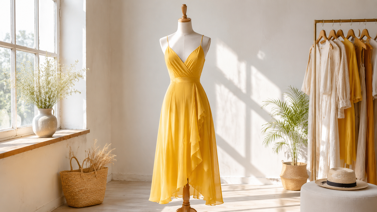 Yellow dress displayed on a dress form in a sunlit studio