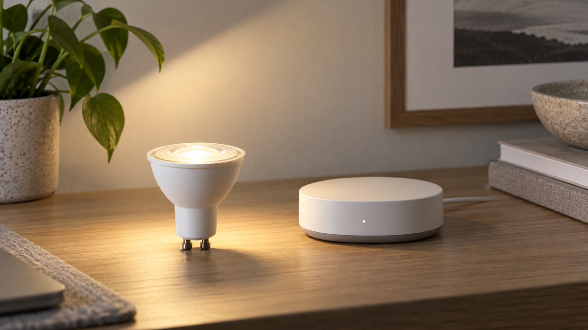 Unbranded GU10 smart spotlight bulb beside a generic Z-Wave hub on a neutral desk