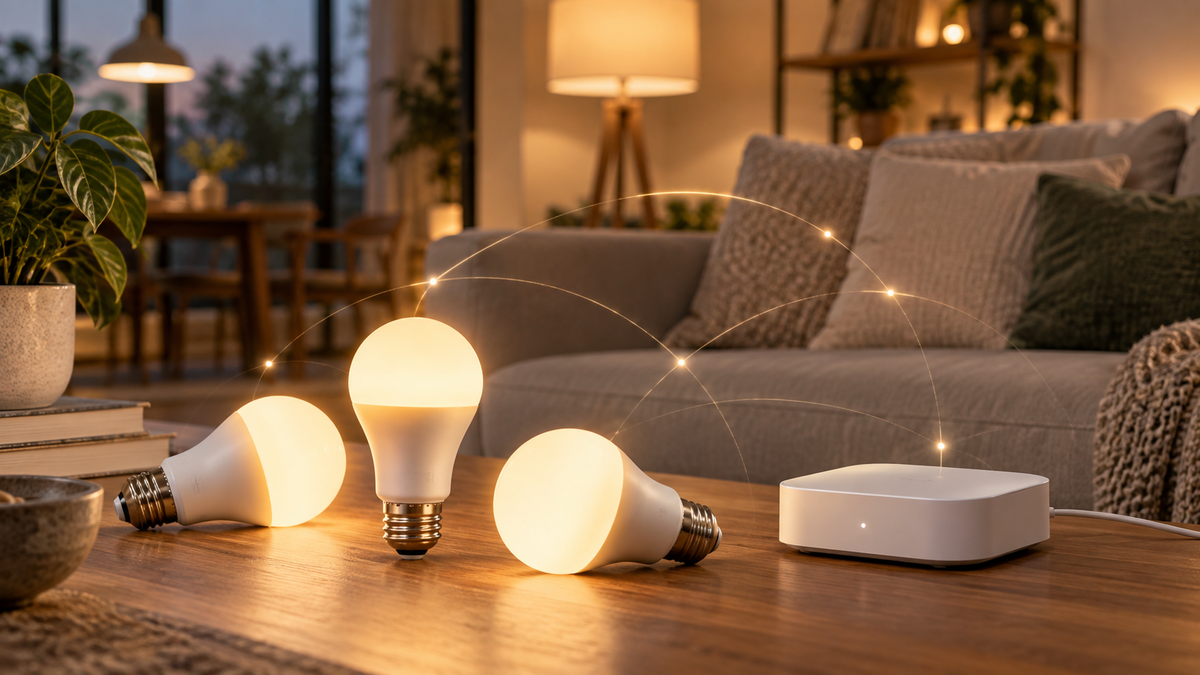 Smart light bulbs beside a generic home automation hub