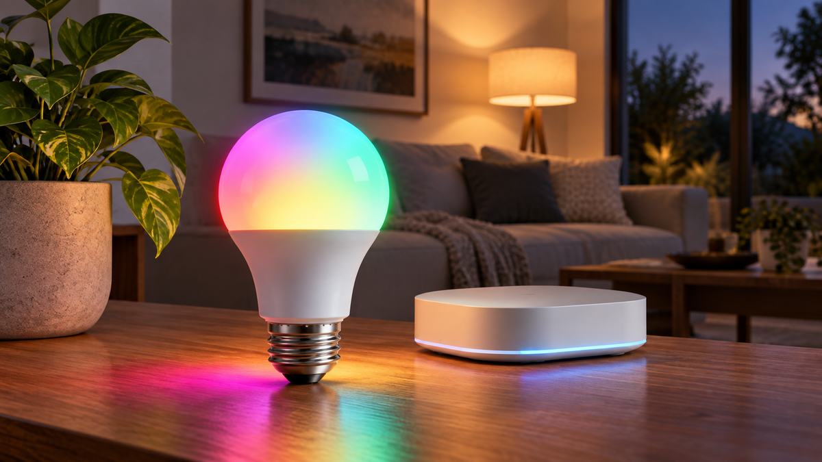 Unbranded Z-Wave RGB bulb glowing in several colors beside a generic smart home hub