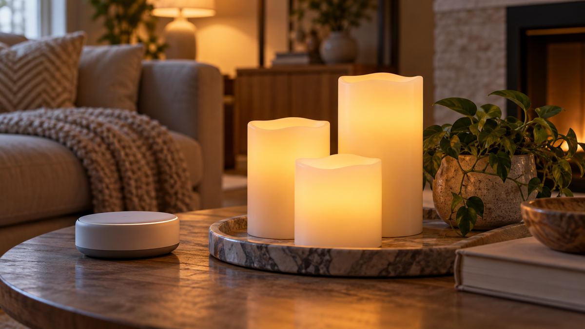 Unbranded Zigbee connected flameless candles glowing on a decorative table beside a generic hub