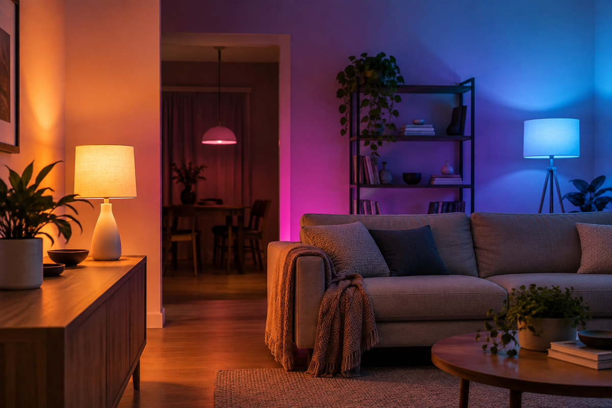 Unbranded Zigbee color bulbs casting balanced colored light in a living room