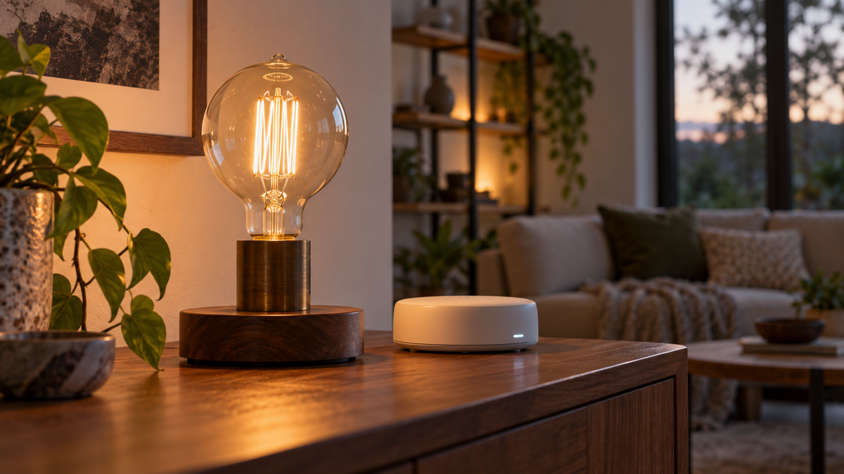 Unbranded Zigbee filament lamp glowing beside a generic smart home hub