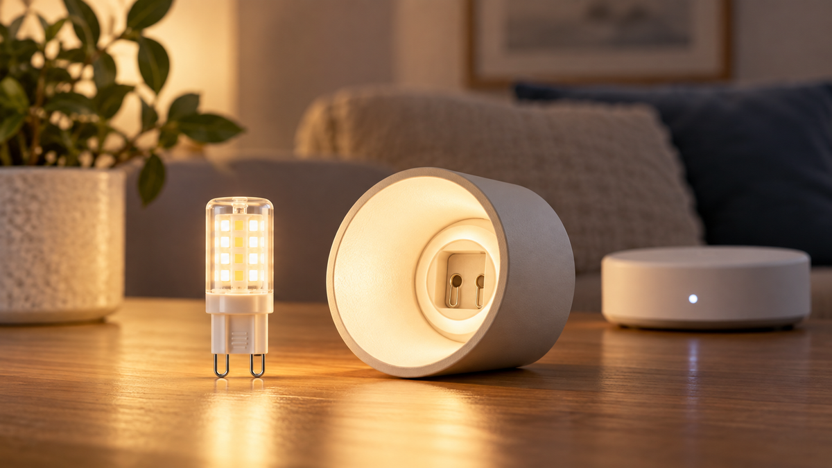 Unbranded Zigbee G9 capsule bulb beside a compact fixture and generic smart home hub
