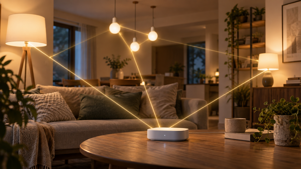 Several unbranded Zigbee smart bulbs connected through a generic hub in a modern room