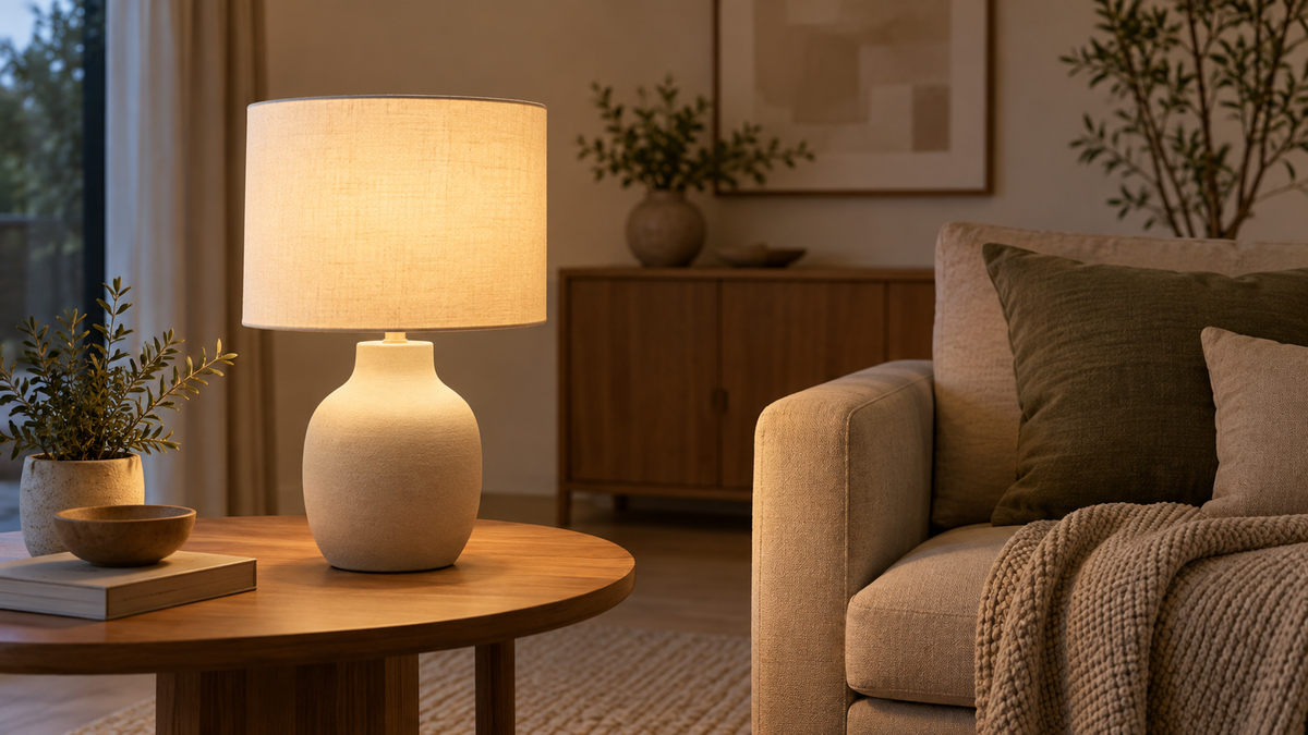 Unbranded Zigbee-enabled table lamp illuminating a minimal living room