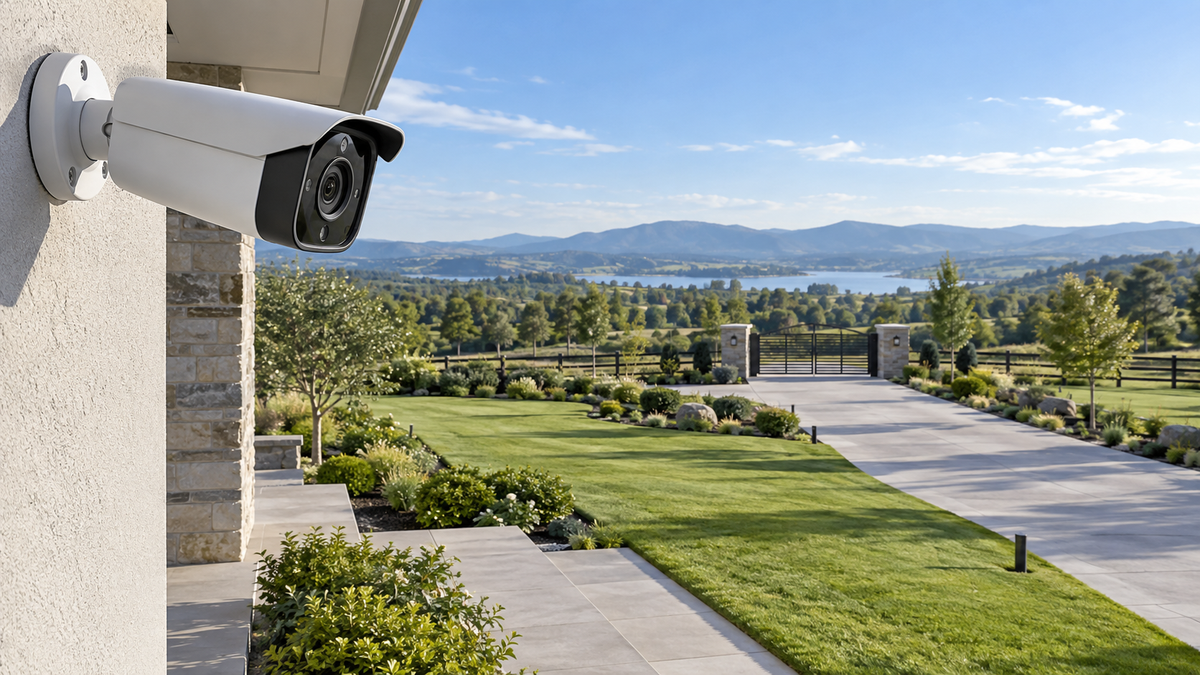 Optical zoom security camera overlooking a property and distant gate