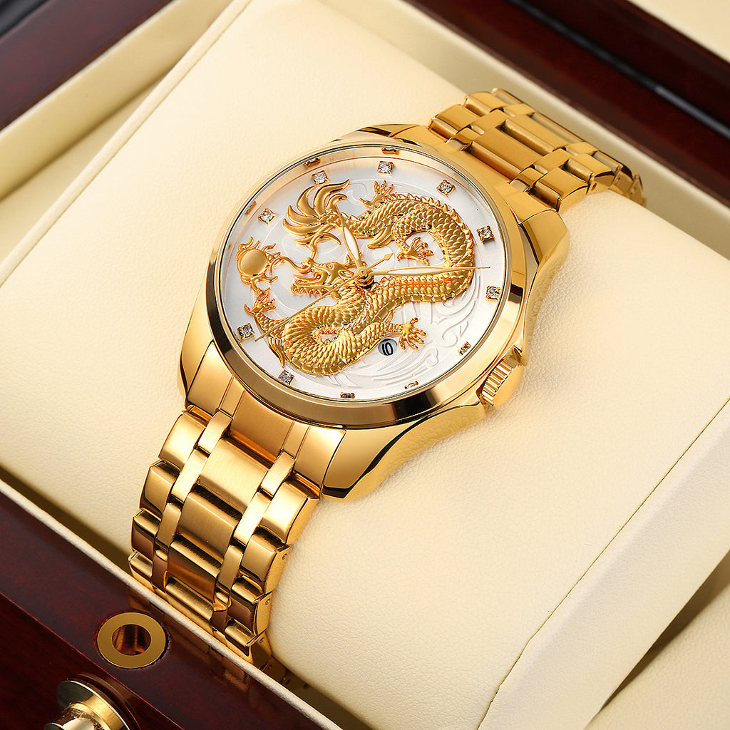 Mens Dragon Embossed Quartz Calendar Watch