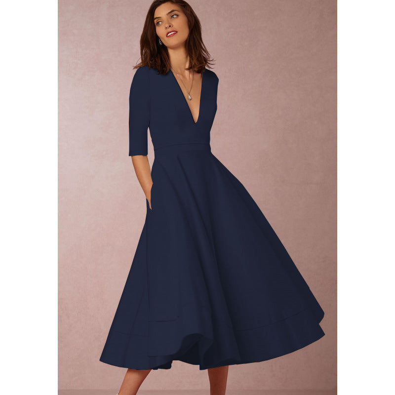 Womens Sexy Deep V Mid Sleeve Solid Color Splicing Swing Dress