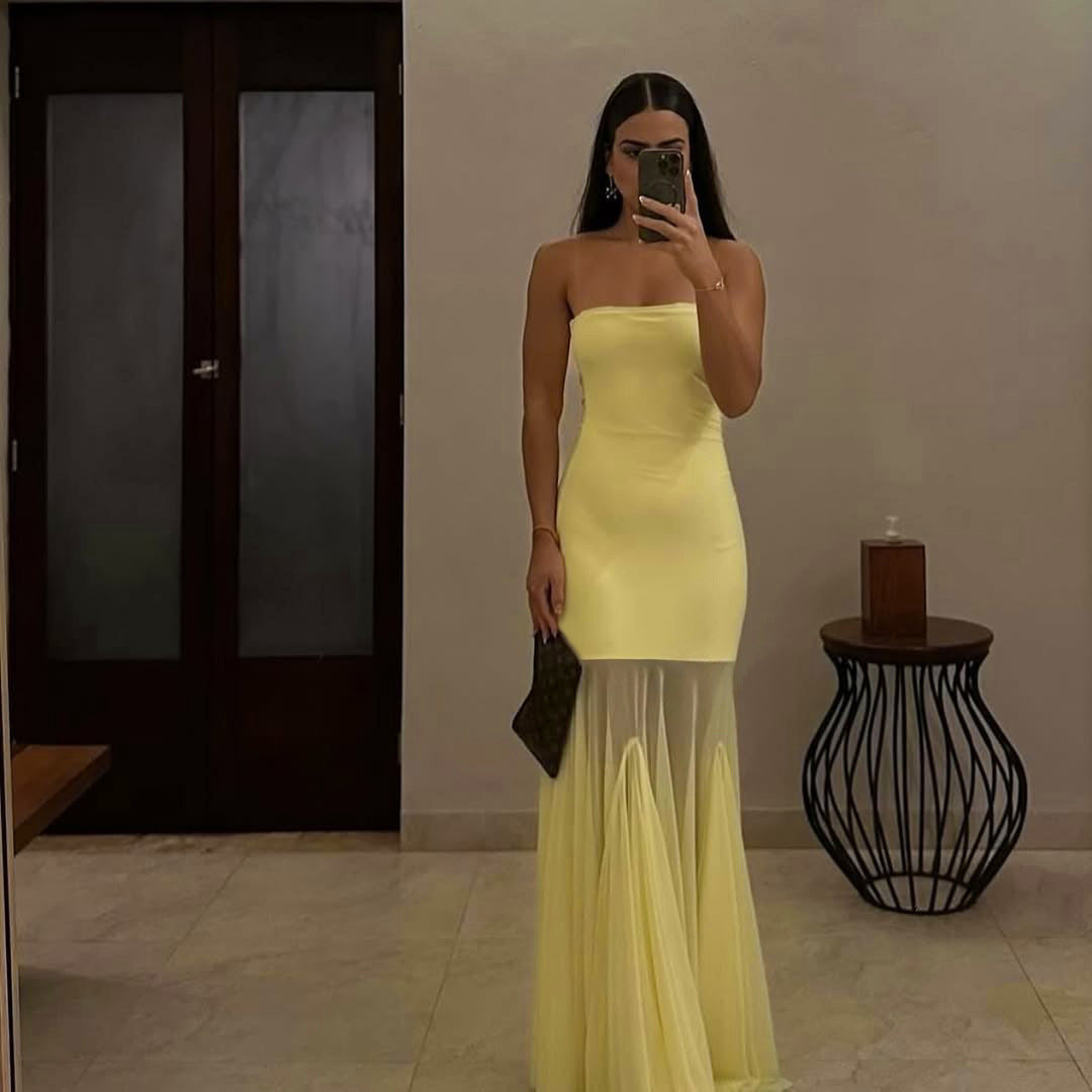 Women's Sleeveless Tube Top Dress Stretchy Mesh Bodycon Maxi Skirt Elegant Party Wear