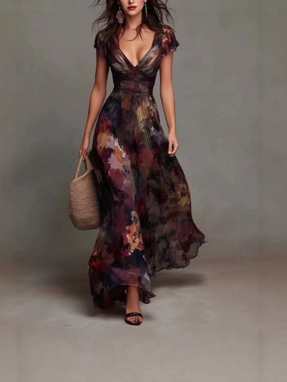Sniffy Printed Slim-Waist Pleated Fishtail Skirt