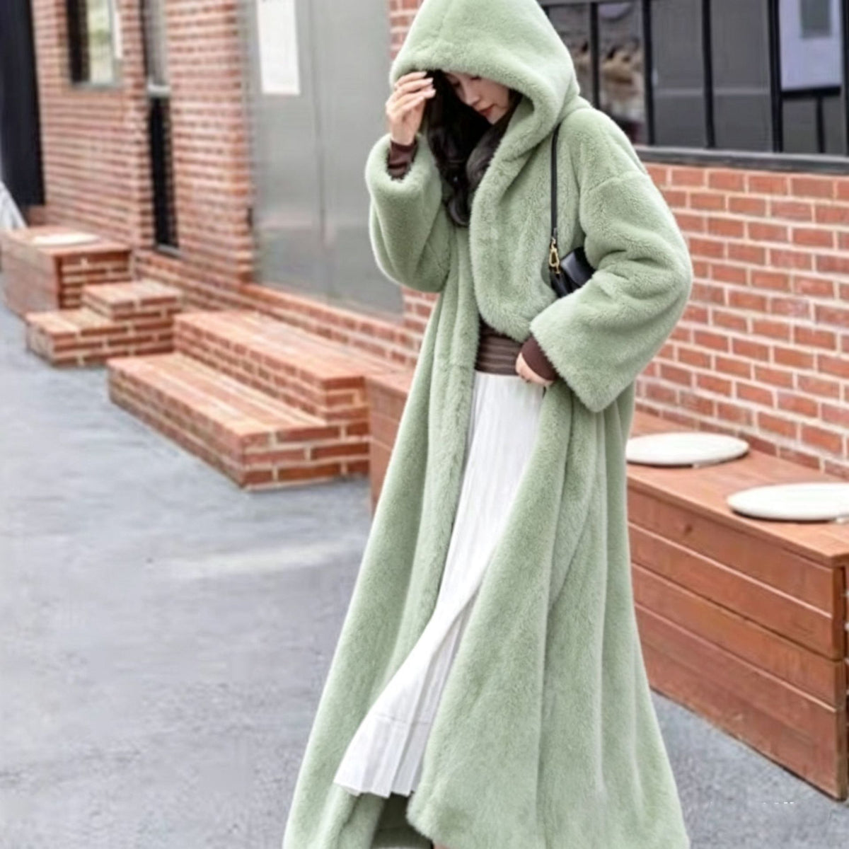 Extra-Long Faux Fur Hooded Coat with Belt for Women