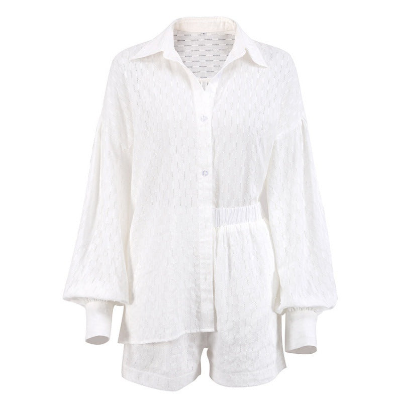 Women's Jacquard Puff Sleeve Shirt and Shorts Two-Piece Set