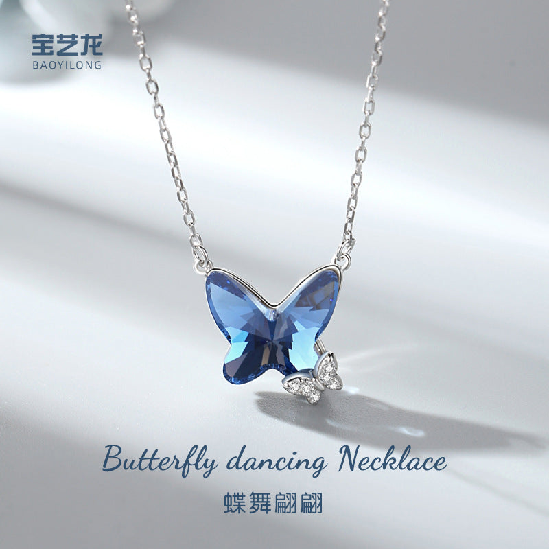 Butterfly Crystal Silver Necklace with Diamond Pendant