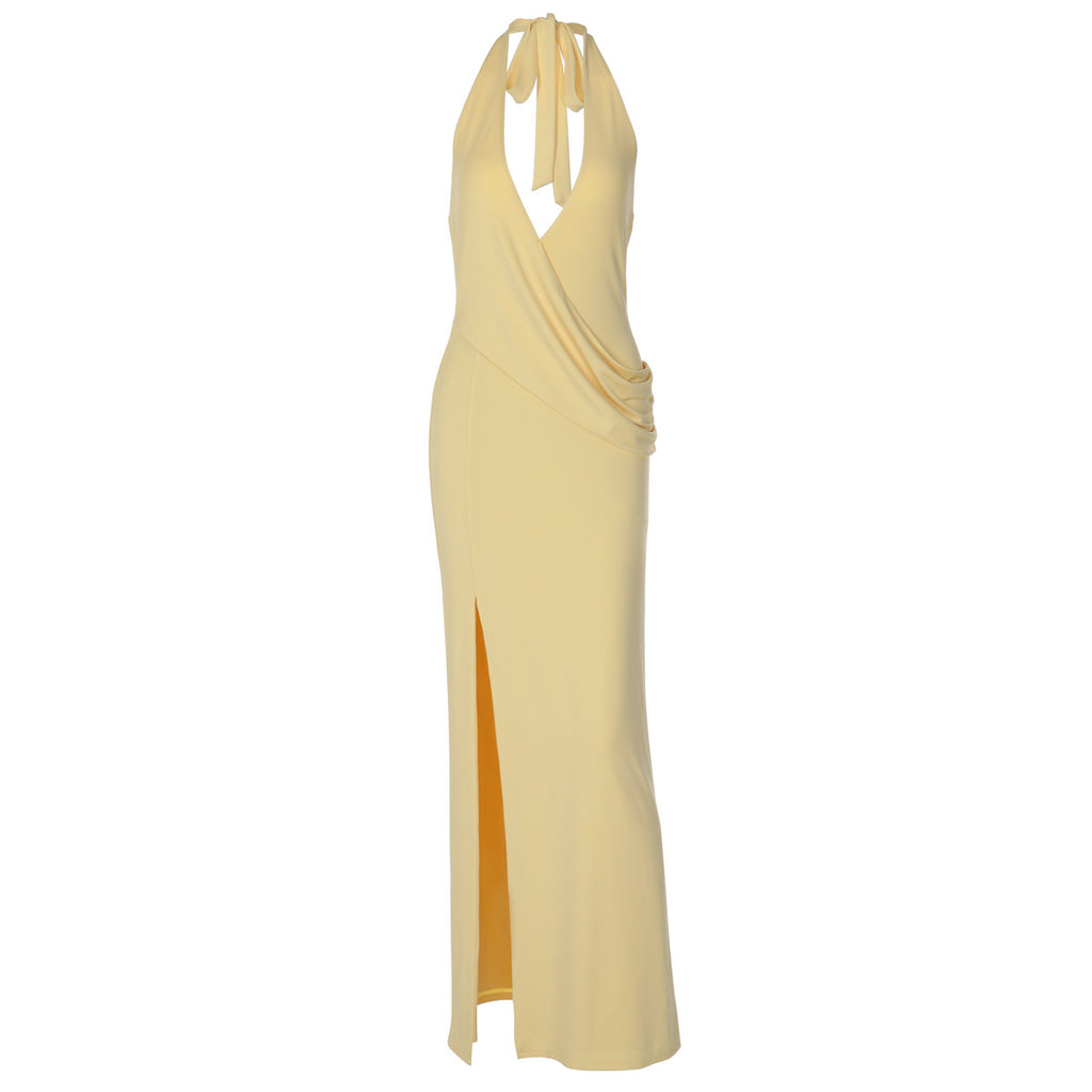 Halter Neck Deep V Backless Slit Dress