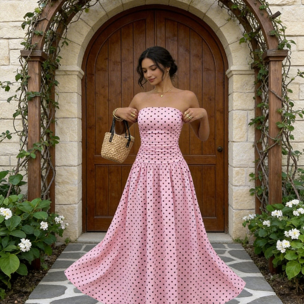 Polka Dot High Neck Sleeveless Long Dress